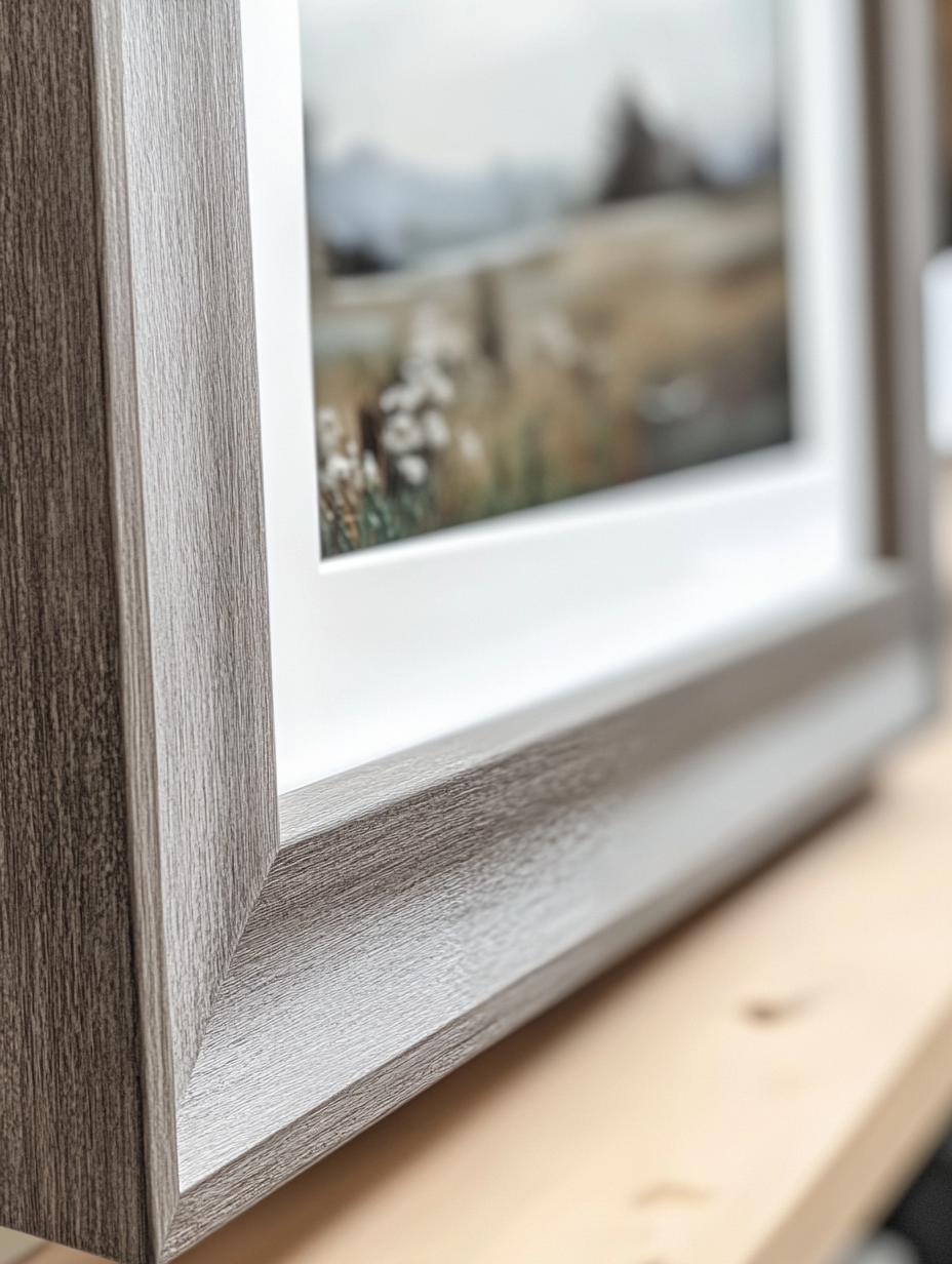 Close-up of a grey wooden picture frame with white matting and a landscape painting inside, sitting on a shelf. The colors are neutral. --ar 3:4