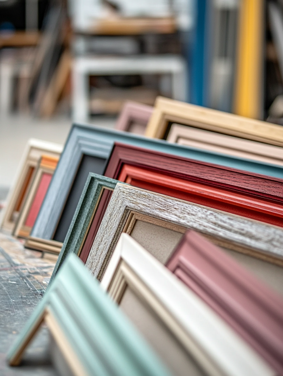 A close-up of different-colored picture frames on display in a frame shop, in the style of a candid photo. The frame colors include reds, blues, and greens. There are paint and wood at work tables in the background