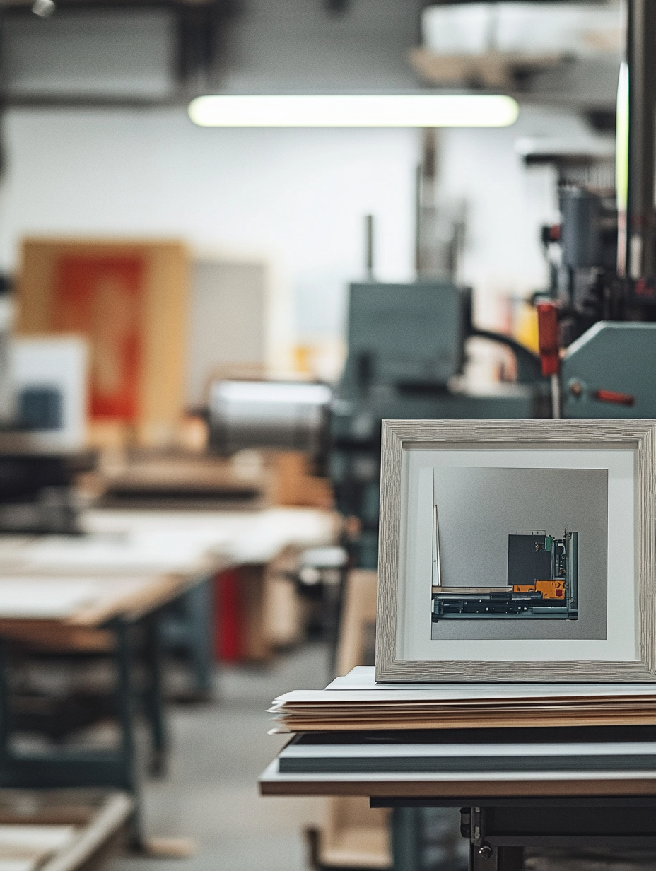 A photograph of an empty picture frame on top of a wooden surface in the foreground, with printing machines and tables visible behind it, inside a print shop, shot from a low angle, using natural light, a product photography style, and a hyper-realistic approach. --ar 3:4