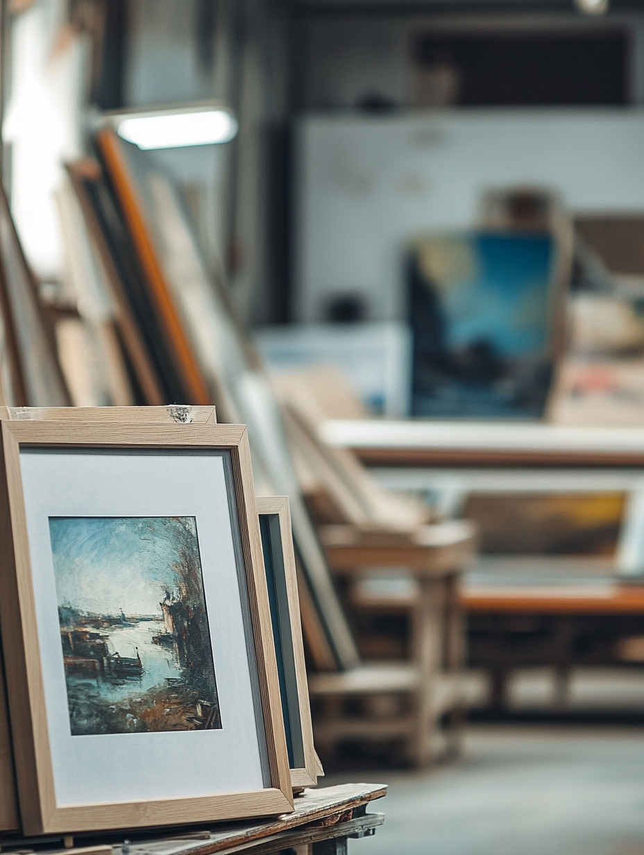 Close-up photo of a framed painting on a table in an art studio, with easels and canvases stacked behind it, blurry background, in the style of Unsplash photography. --ar 47:64